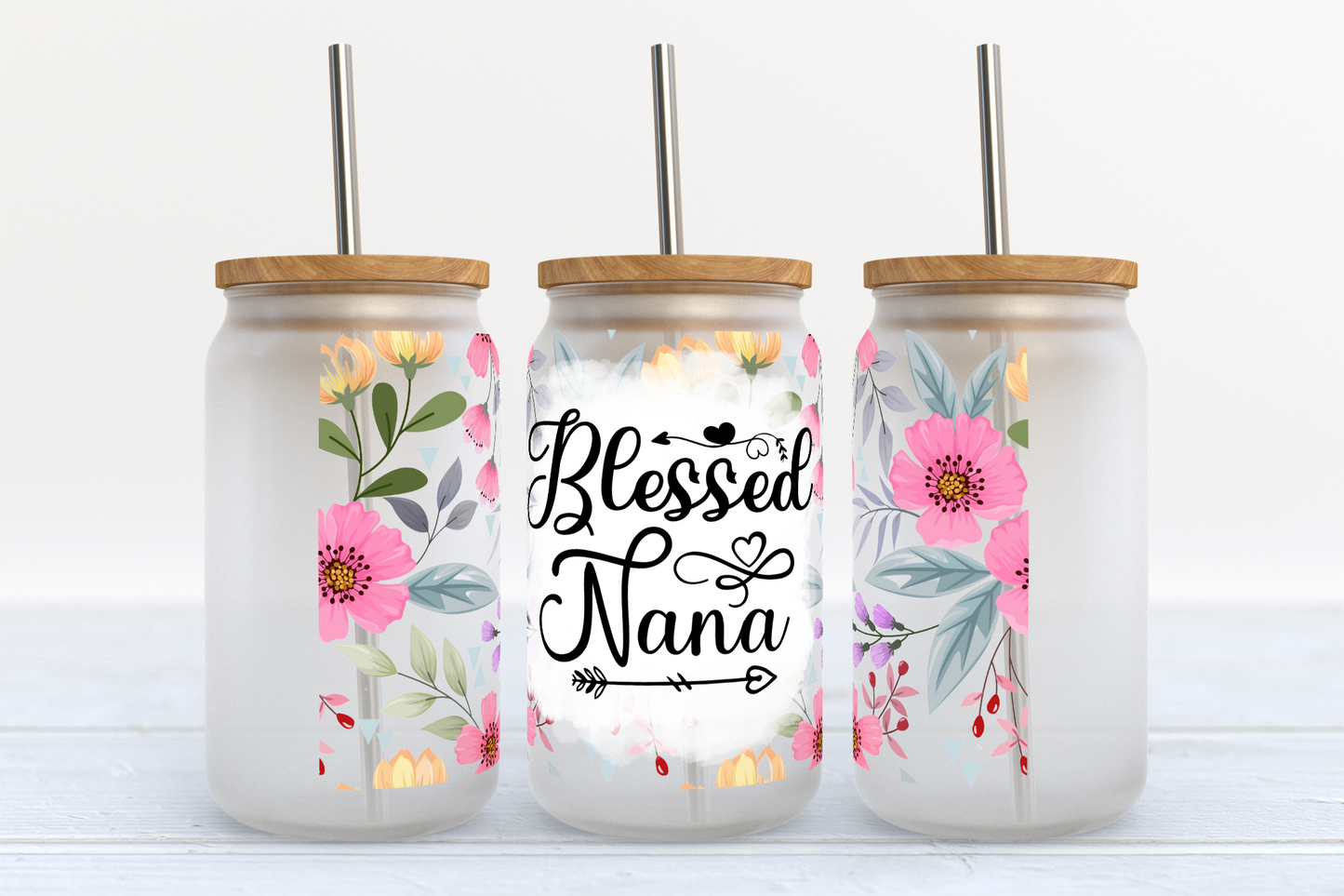 Floral Nana Glass can tumbler