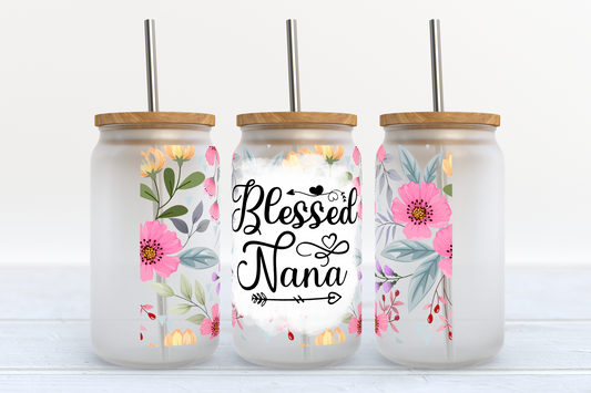 Floral Nana Glass can tumbler