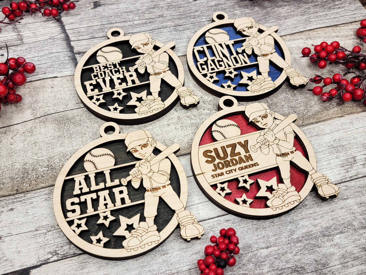 Animated Customized wood Baseball christmas ornament