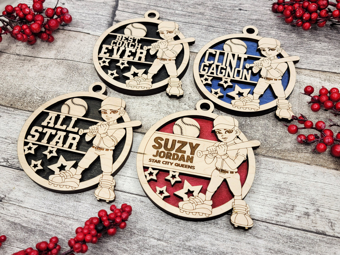 Animated Customized wood Baseball christmas ornament