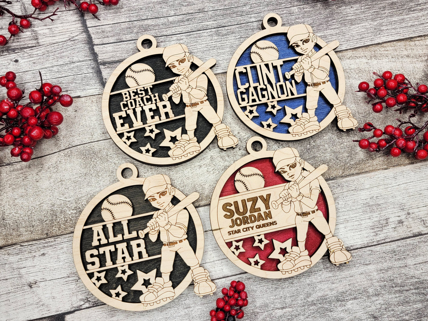 Animated Customized wood Baseball christmas ornament