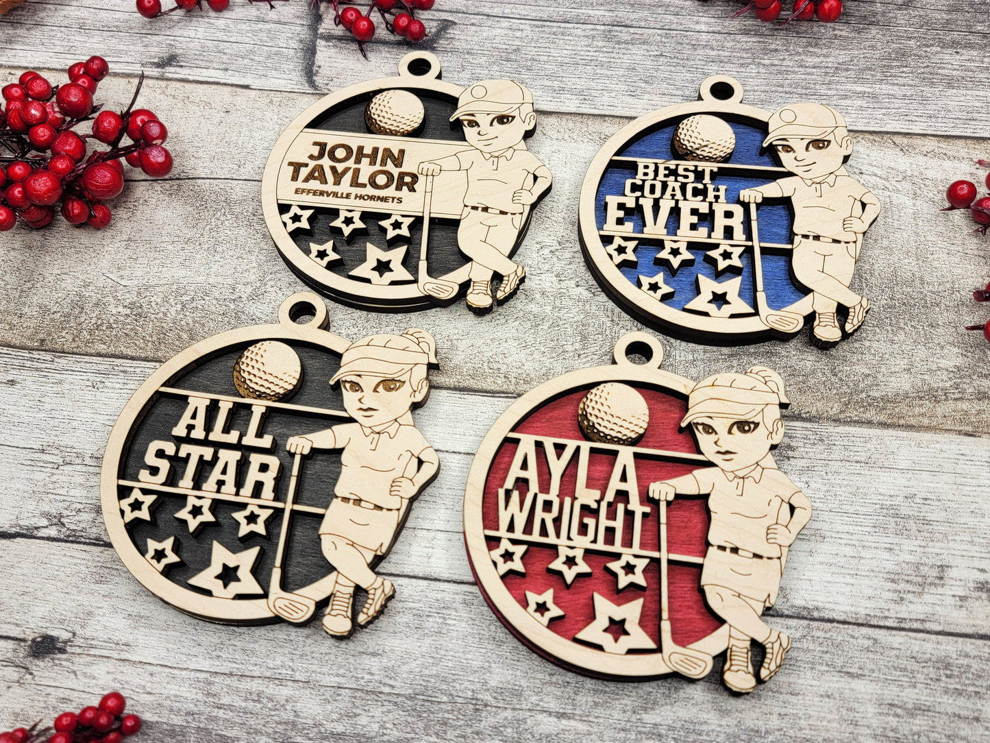 Animated Customized wood Golf christmas ornament