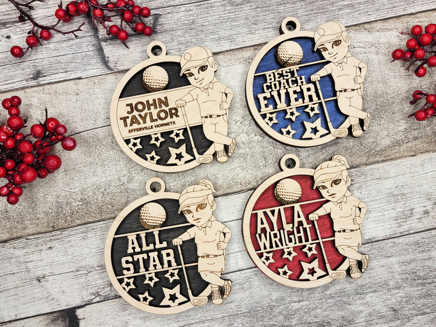 Animated Customized wood Golf christmas ornament