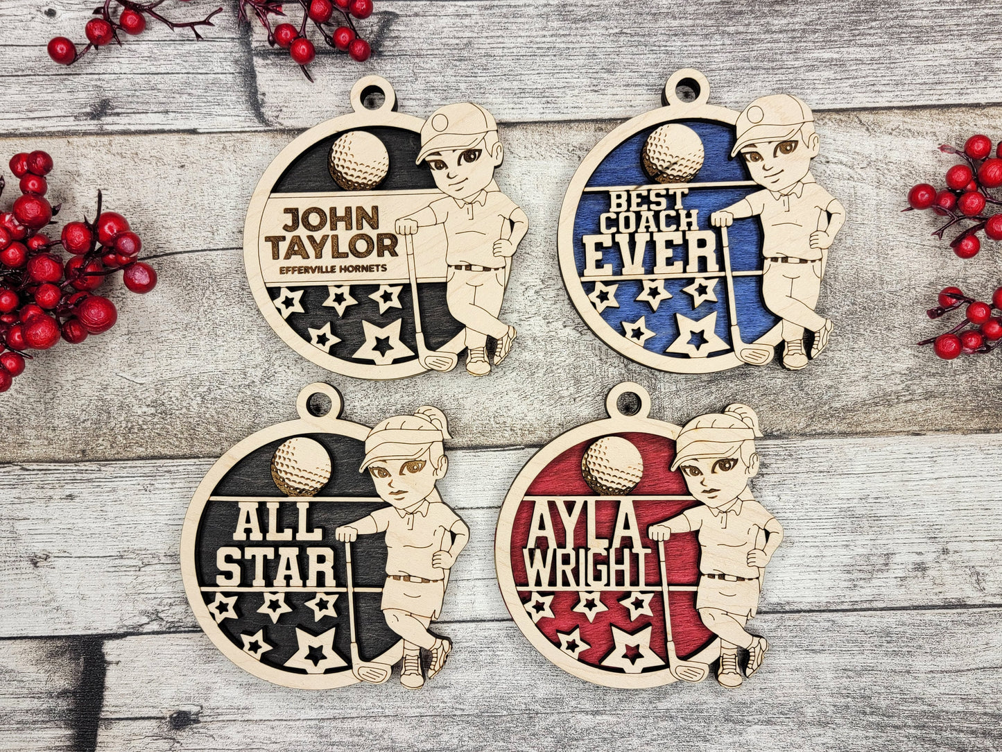 Animated Customized wood Golf christmas ornament