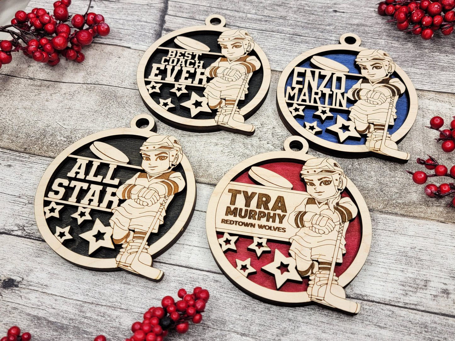 Animated Customized wood Hockey christmas ornament