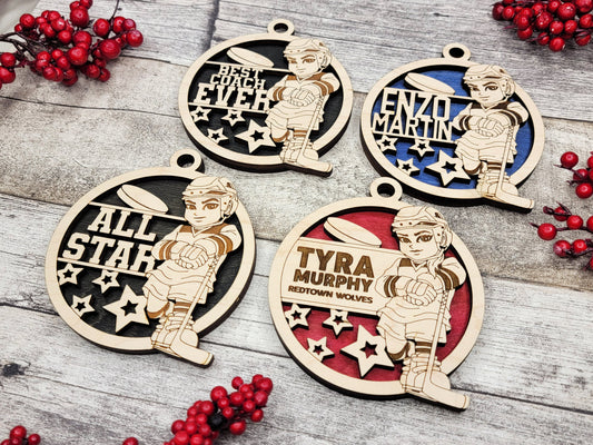 Animated Customized wood Hockey christmas ornament