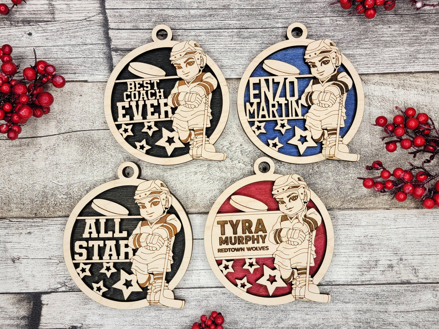 Animated Customized wood Hockey christmas ornament