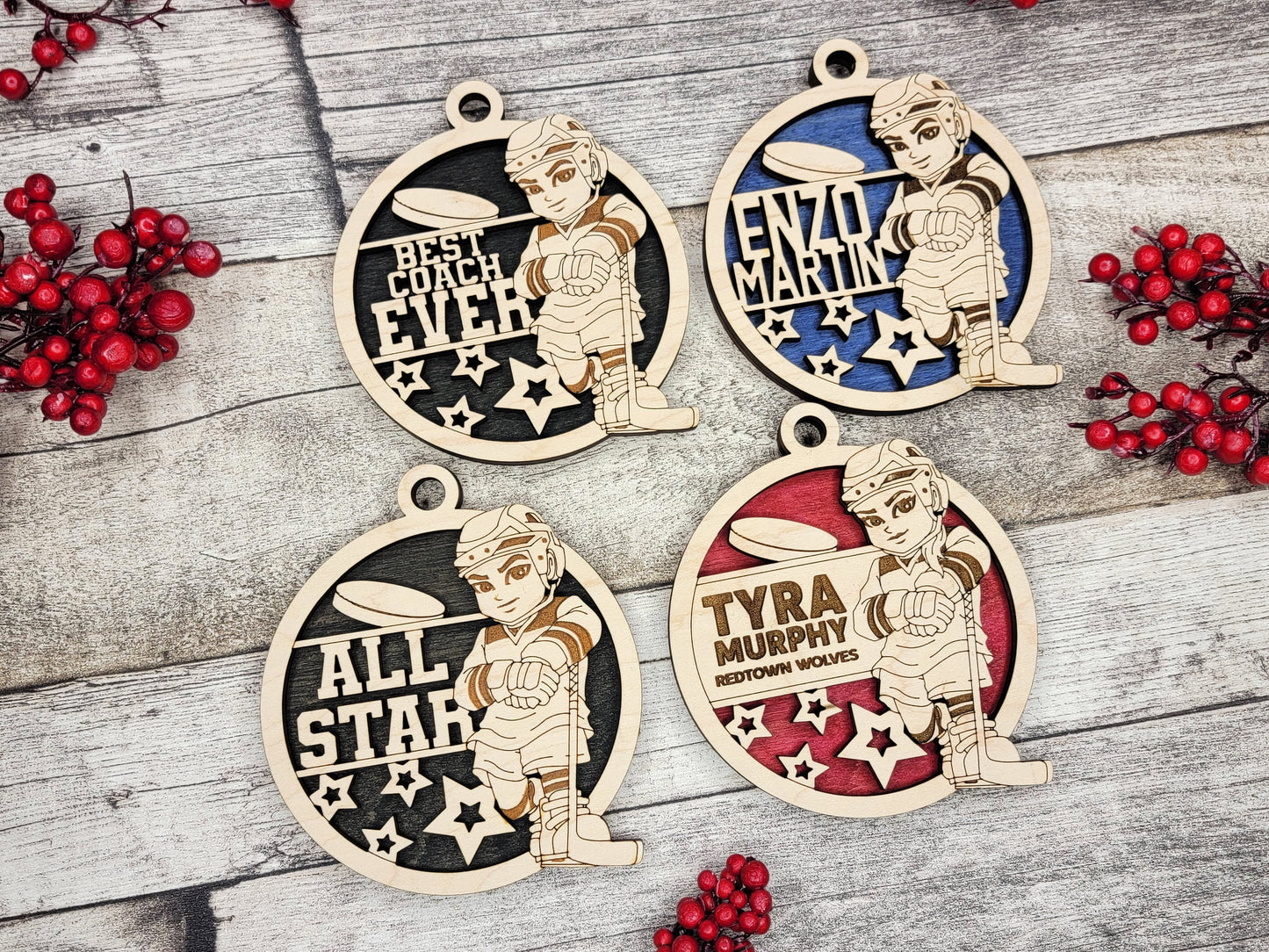 Animated Customized wood Hockey christmas ornament