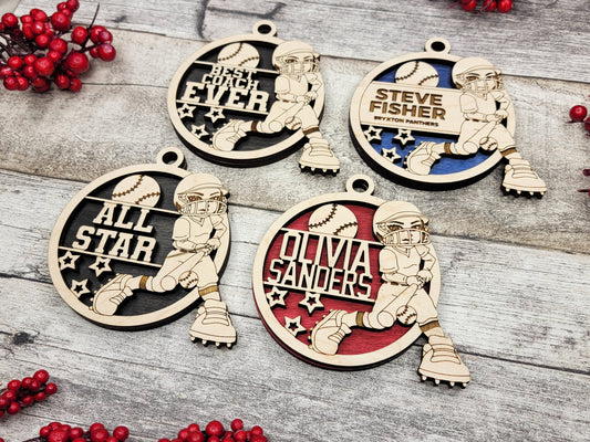 Animated Customized wood Softball christmas ornament