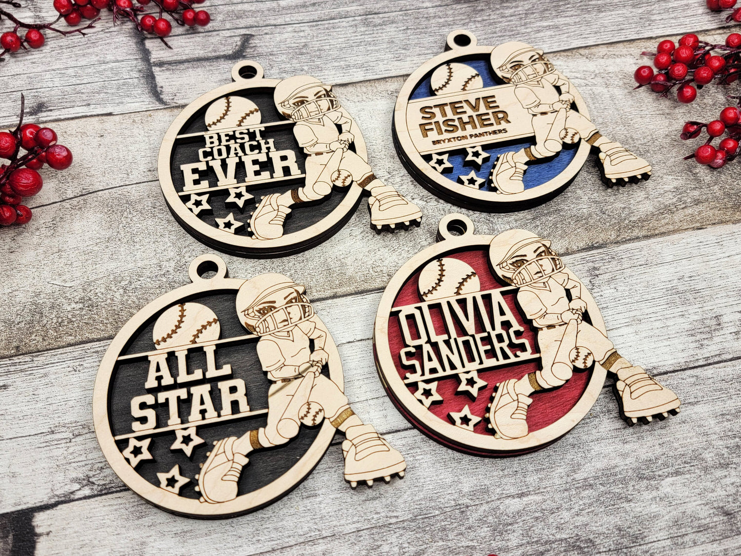 Animated Customized wood Softball christmas ornament