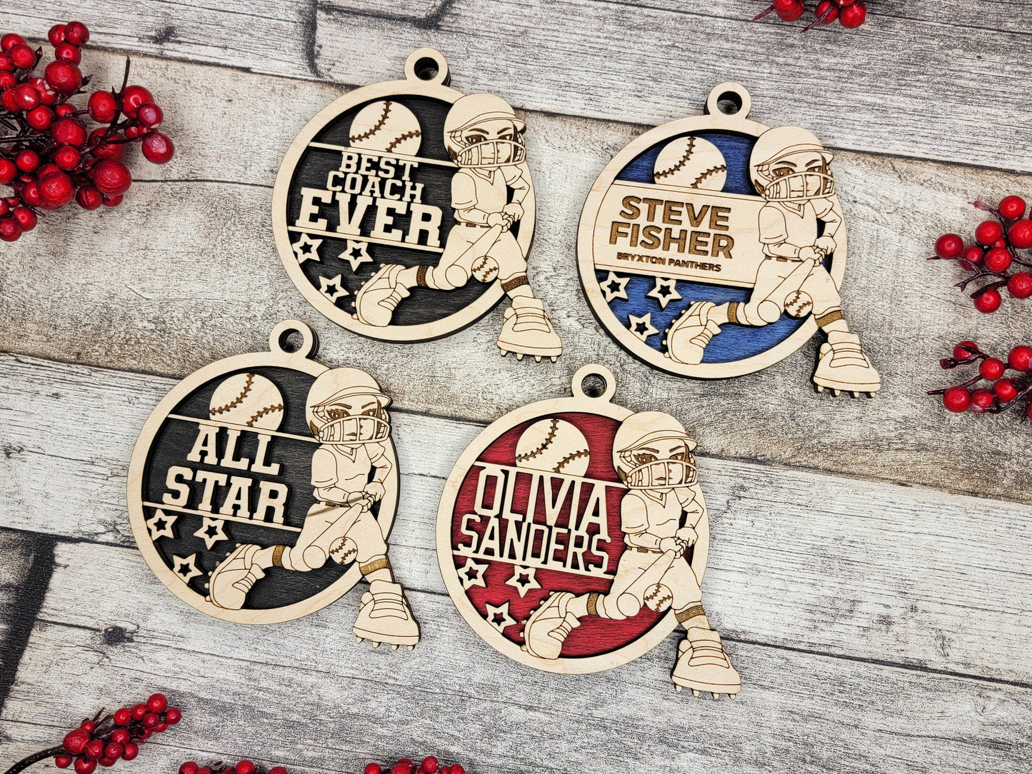 Animated Customized wood Softball christmas ornament