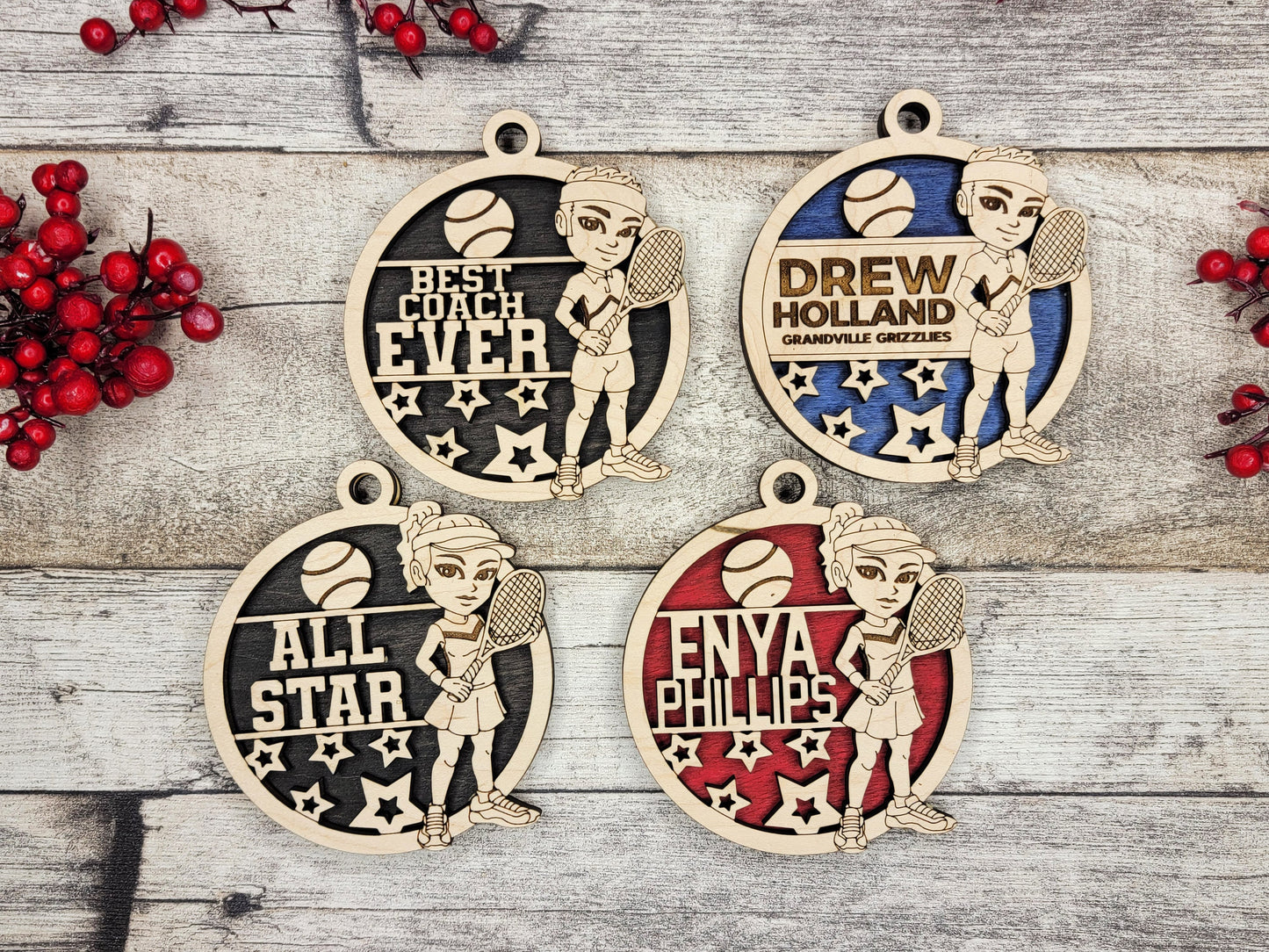 Animated Customized wood Tennis christmas ornament