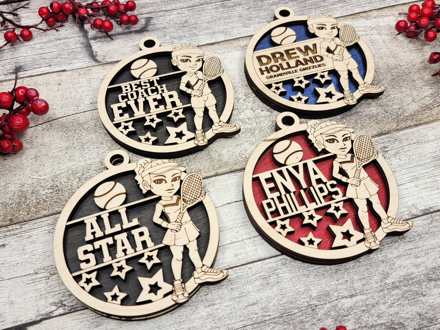 Animated Customized wood Tennis christmas ornament