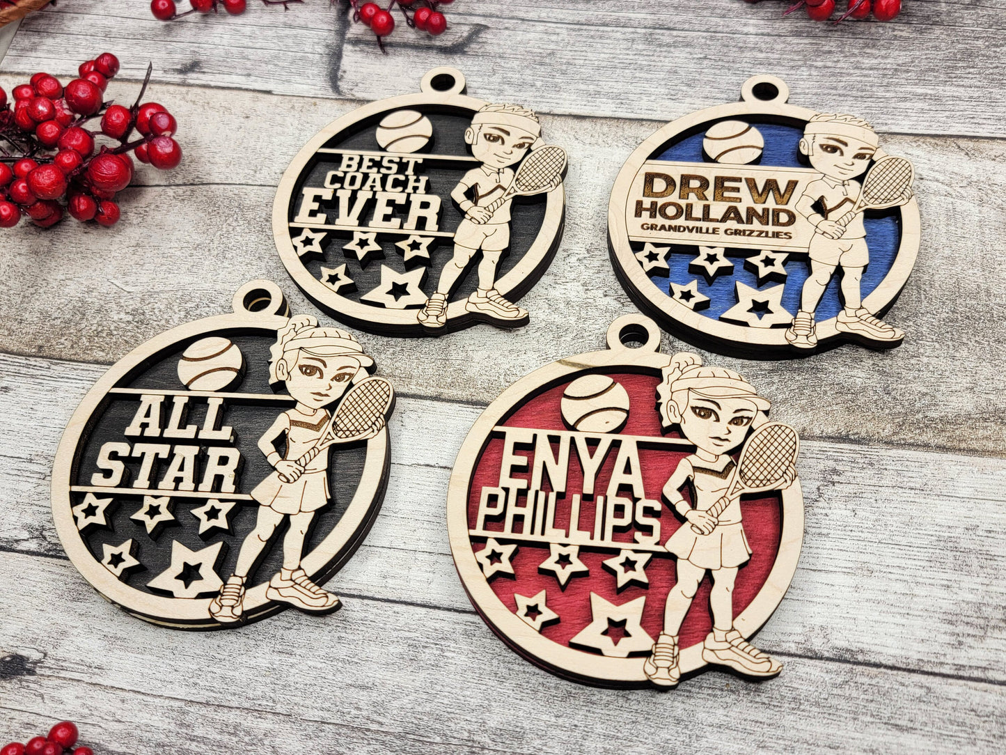 Animated Customized wood Tennis christmas ornament