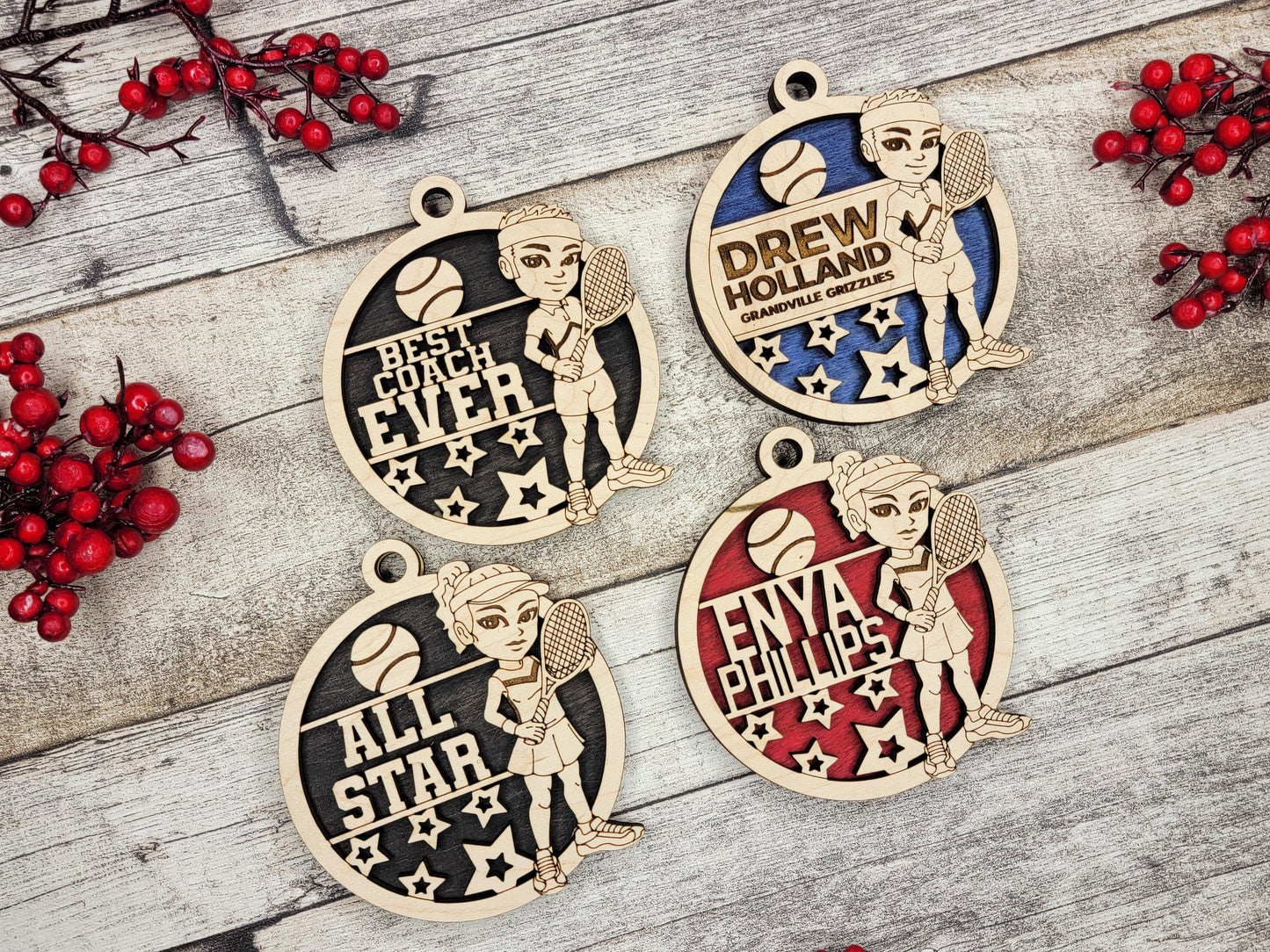 Animated Customized wood Tennis christmas ornament