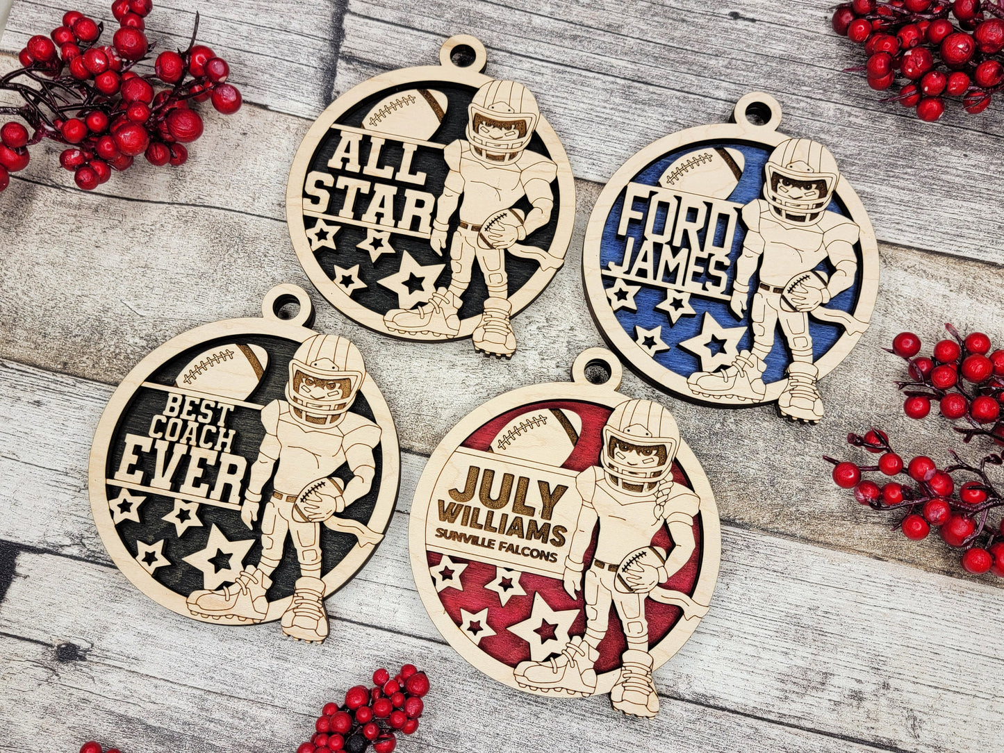 Animated Customized wood football christmas ornament