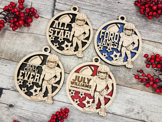 Animated Customized wood football christmas ornament