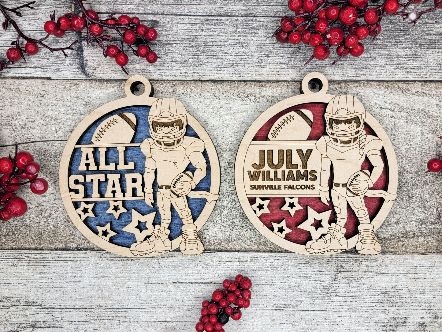 Animated Customized wood football christmas ornament