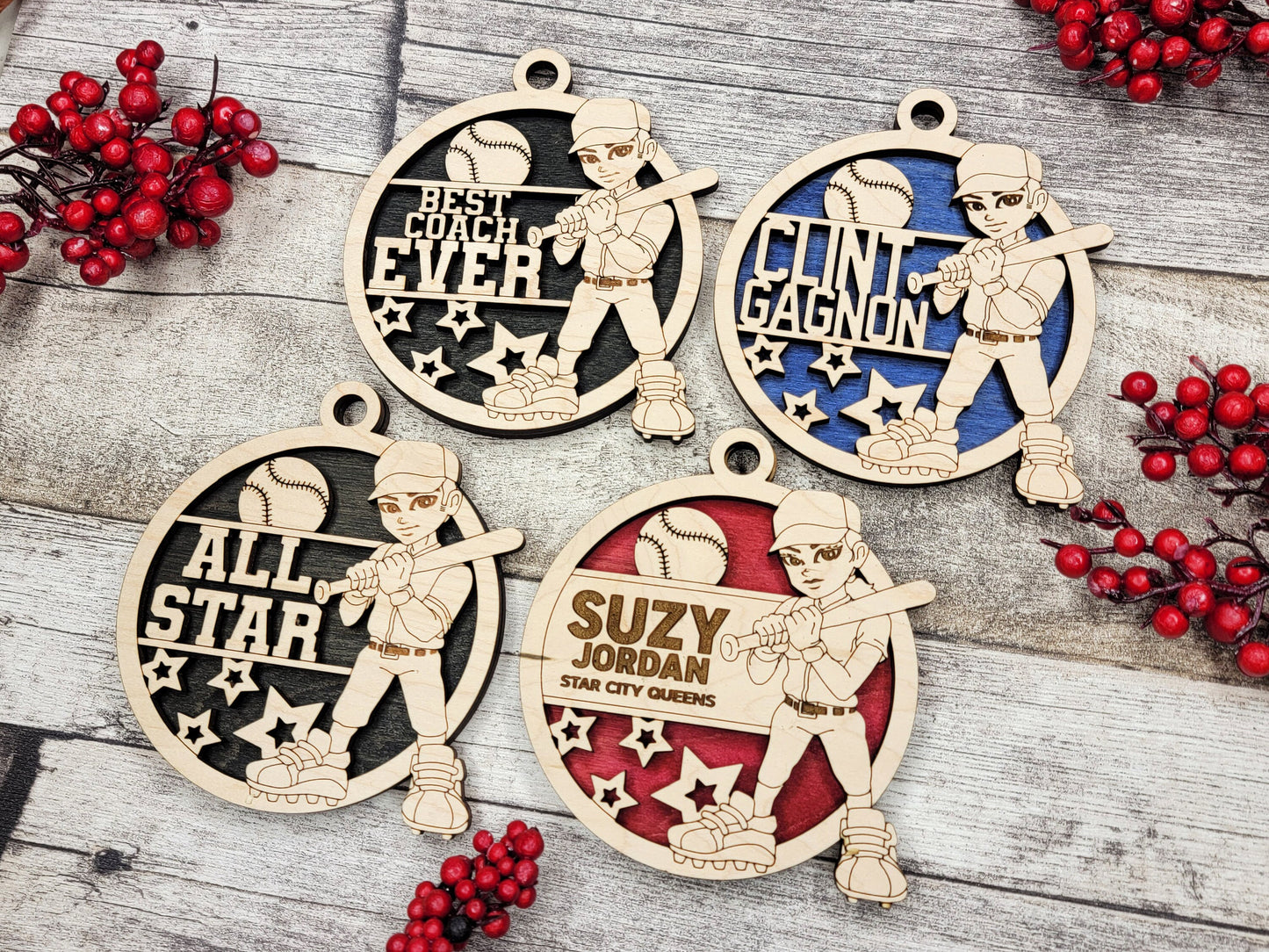 Animated Customized wood Baseball christmas ornament