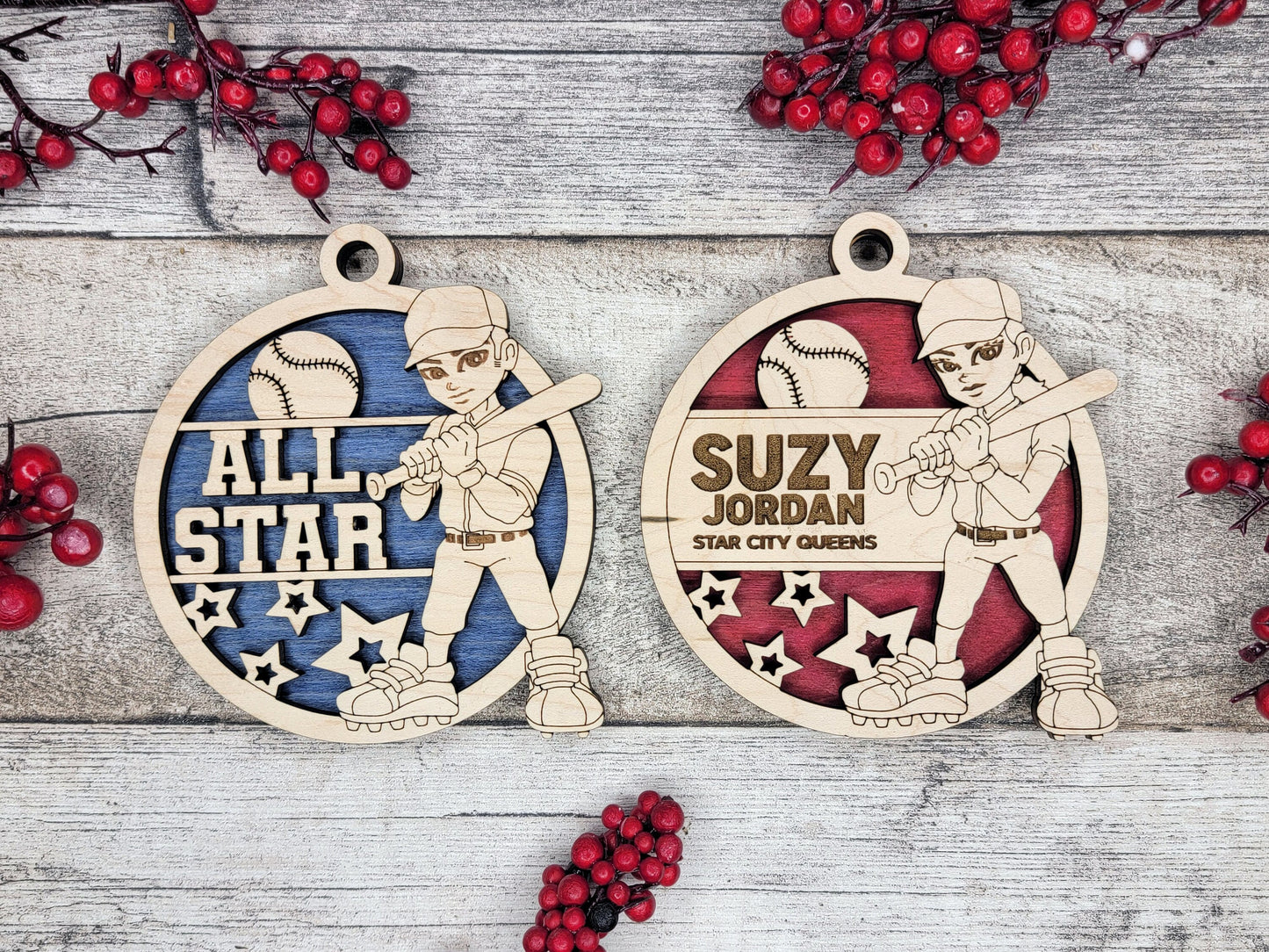 Animated Customized wood Baseball christmas ornament