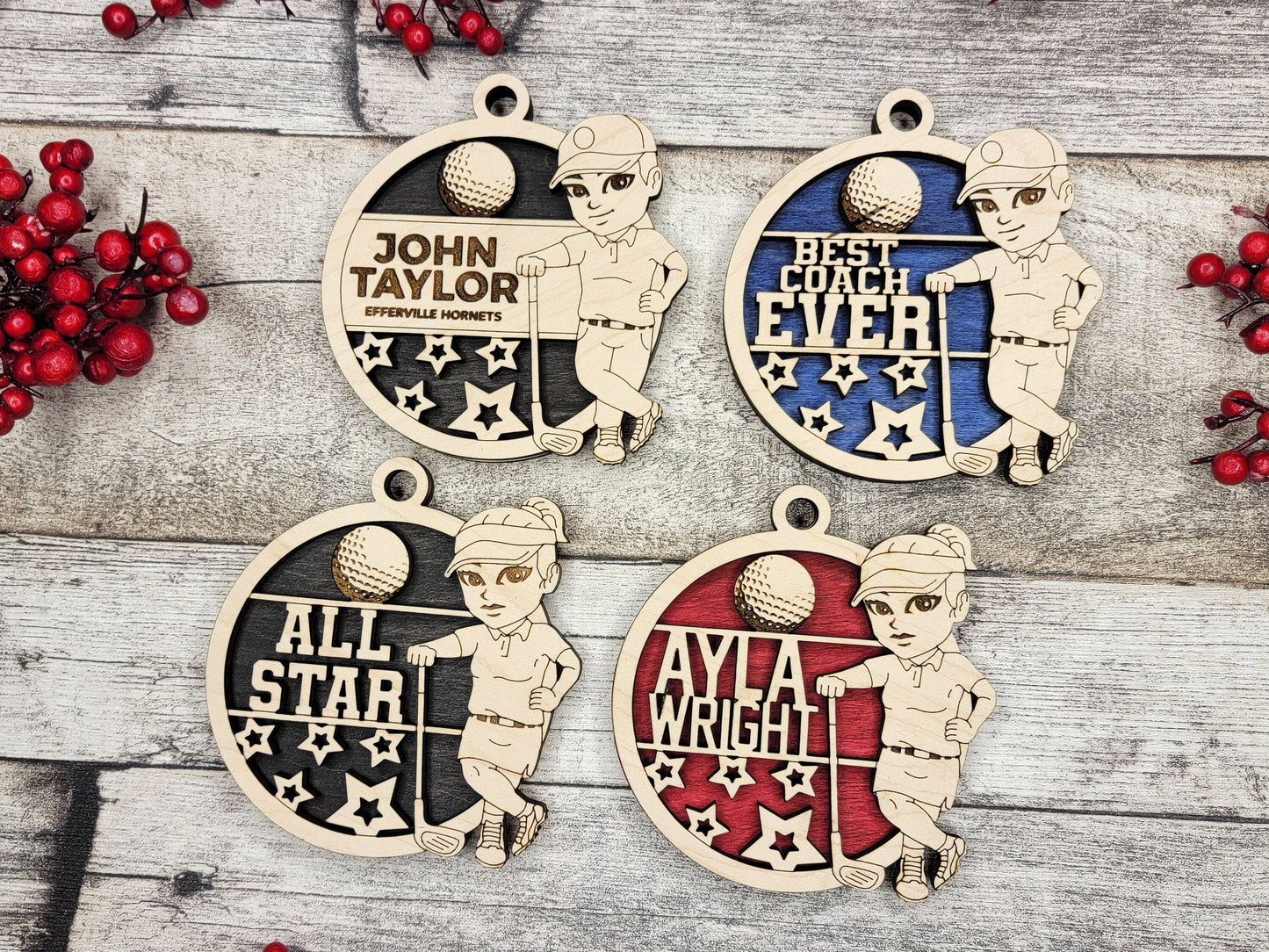 Animated Customized wood Golf christmas ornament