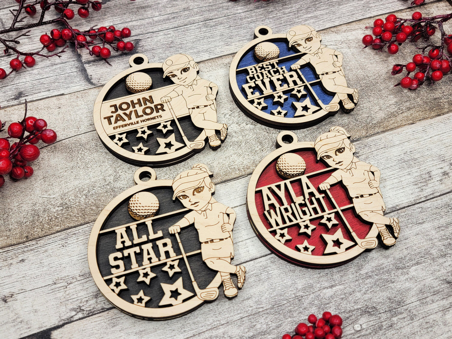 Animated Customized wood Golf christmas ornament