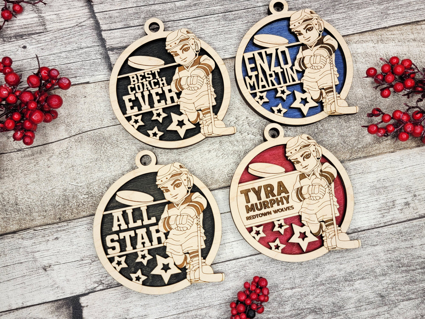 Animated Customized wood Hockey christmas ornament