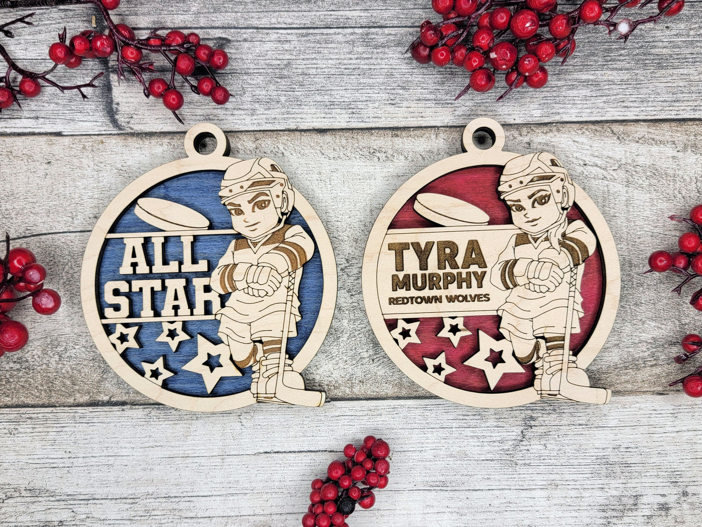 Animated Customized wood Hockey christmas ornament