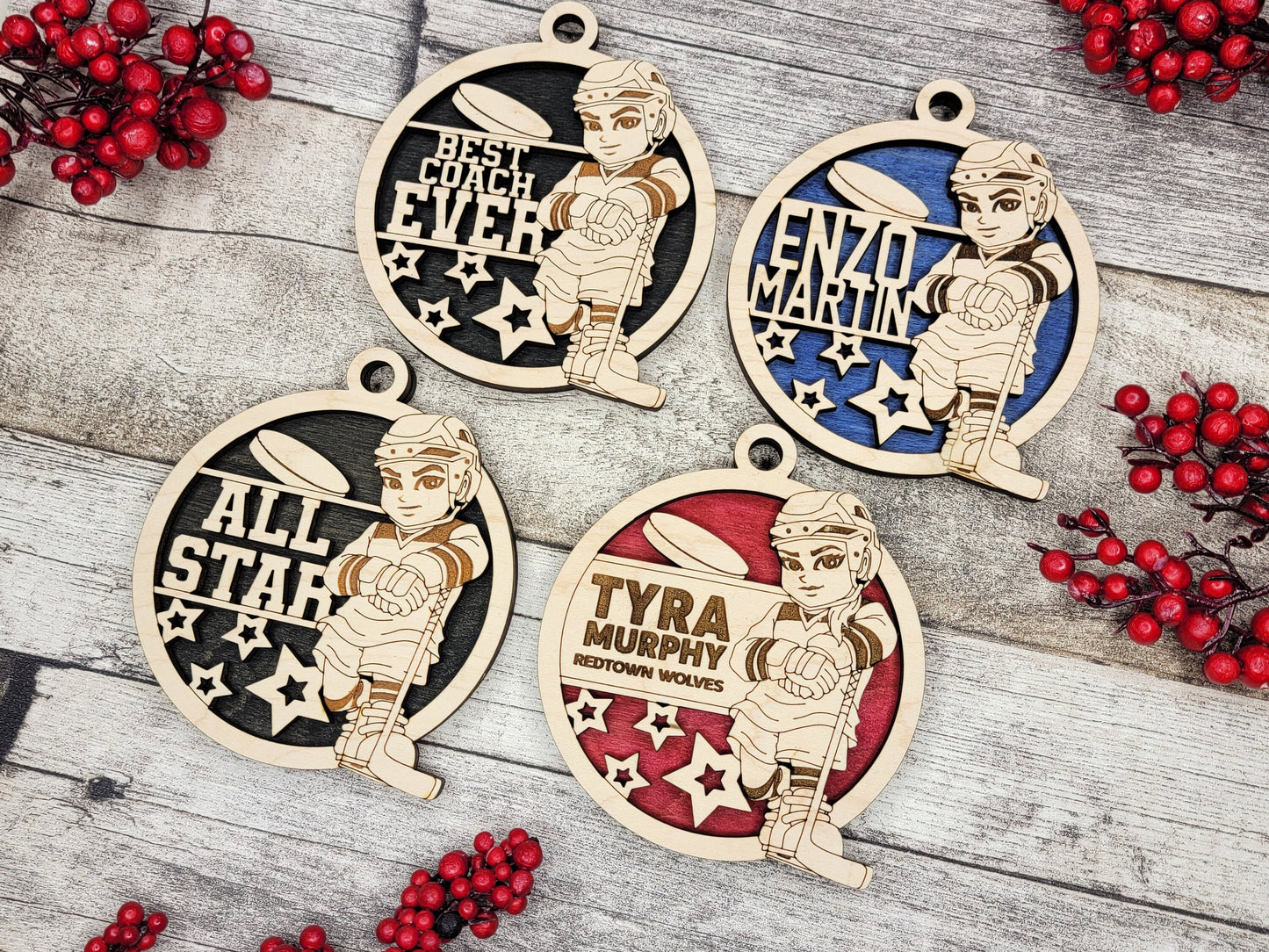 Animated Customized wood Hockey christmas ornament
