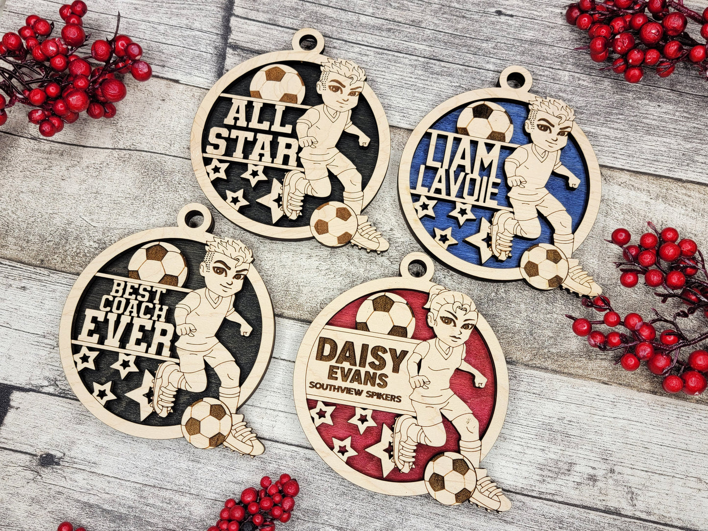 Animated Customized wood Soccer ornament