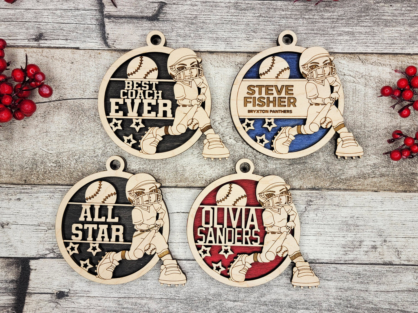 Animated Customized wood Softball christmas ornament