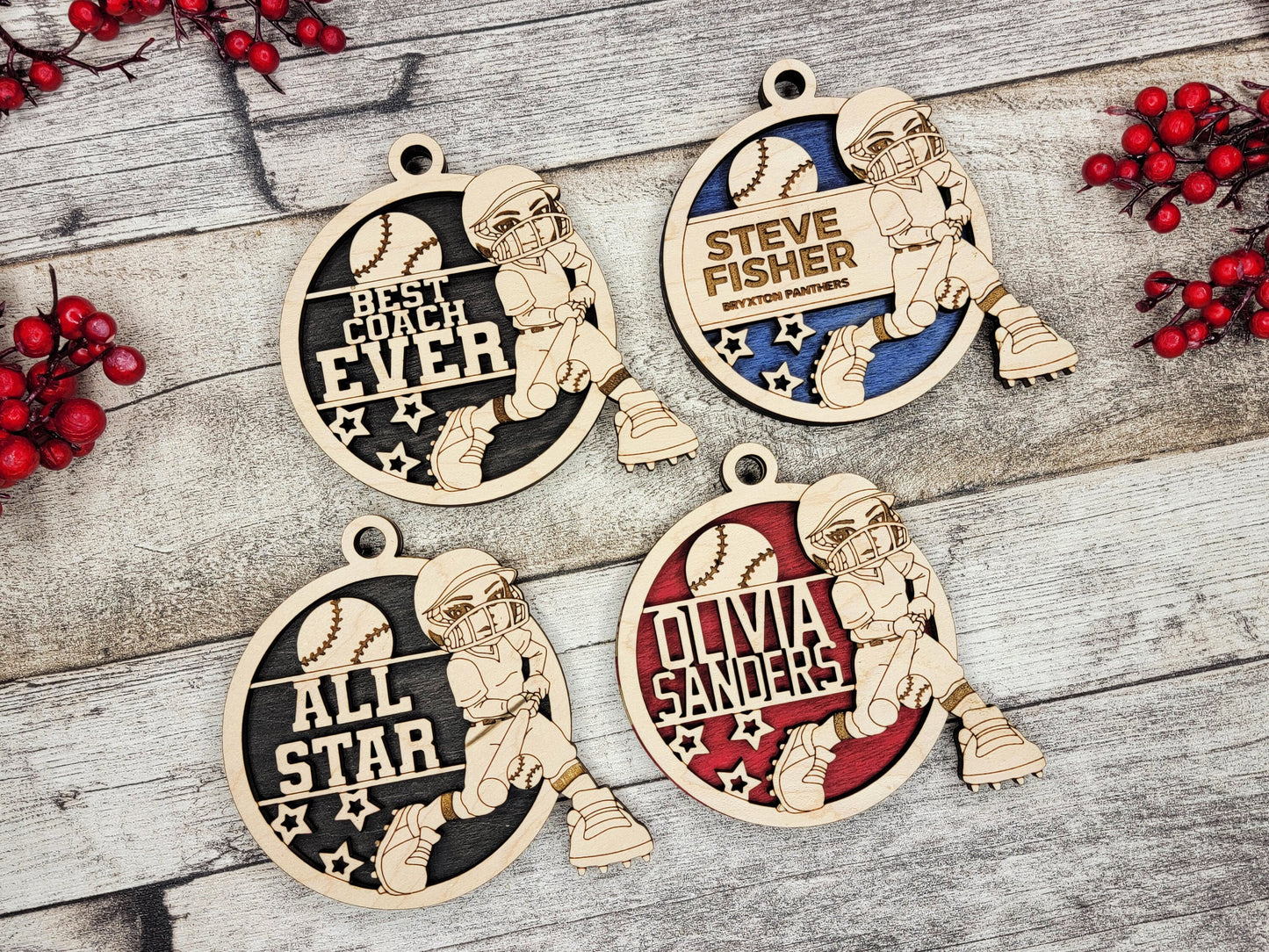 Animated Customized wood Softball christmas ornament