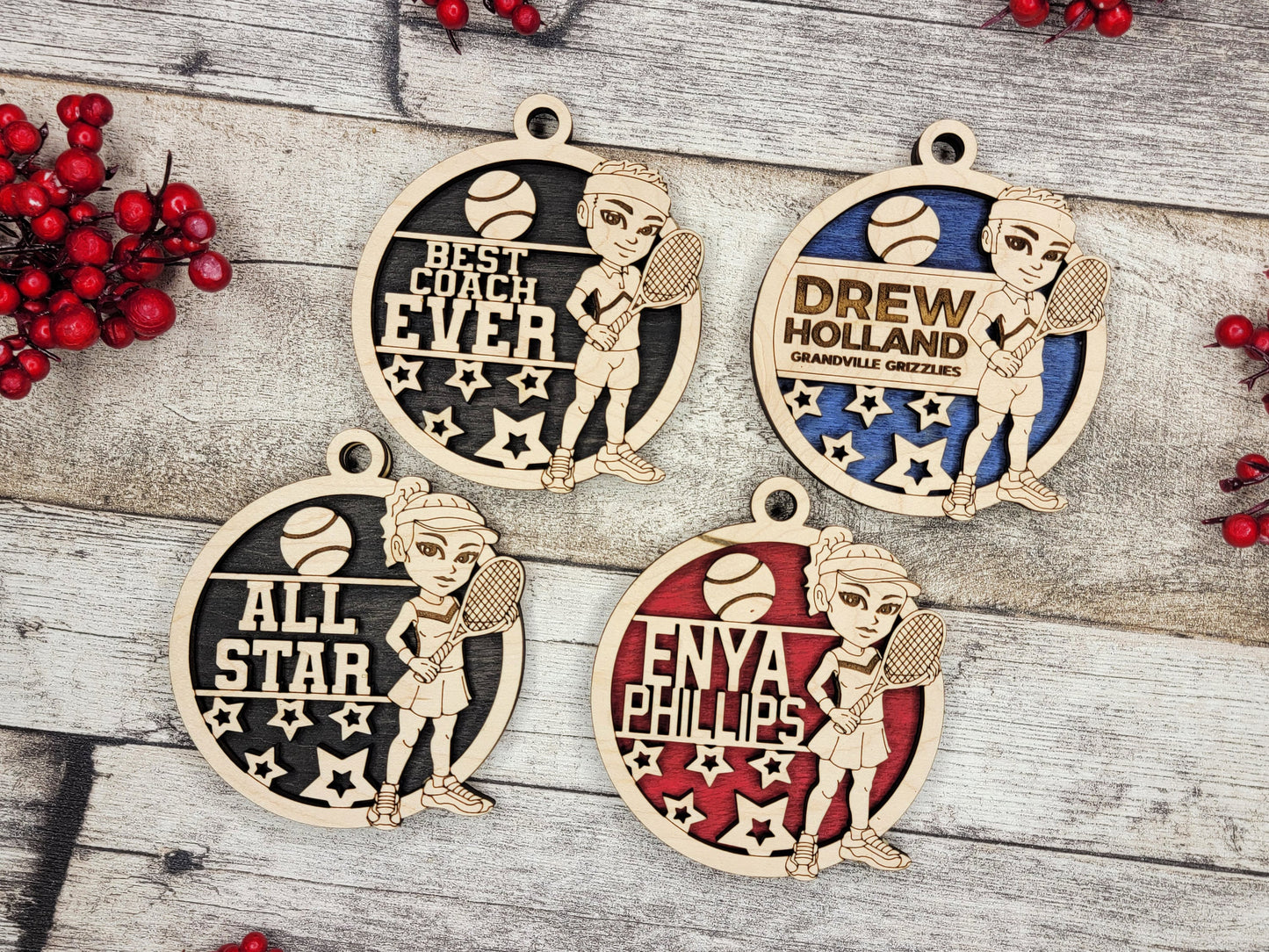 Animated Customized wood Tennis christmas ornament