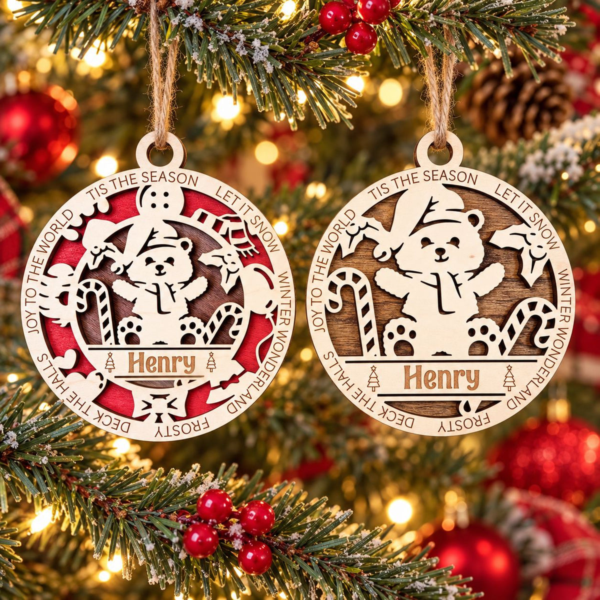 Bear In Santa Hat Name Ornament, painted and natural wood