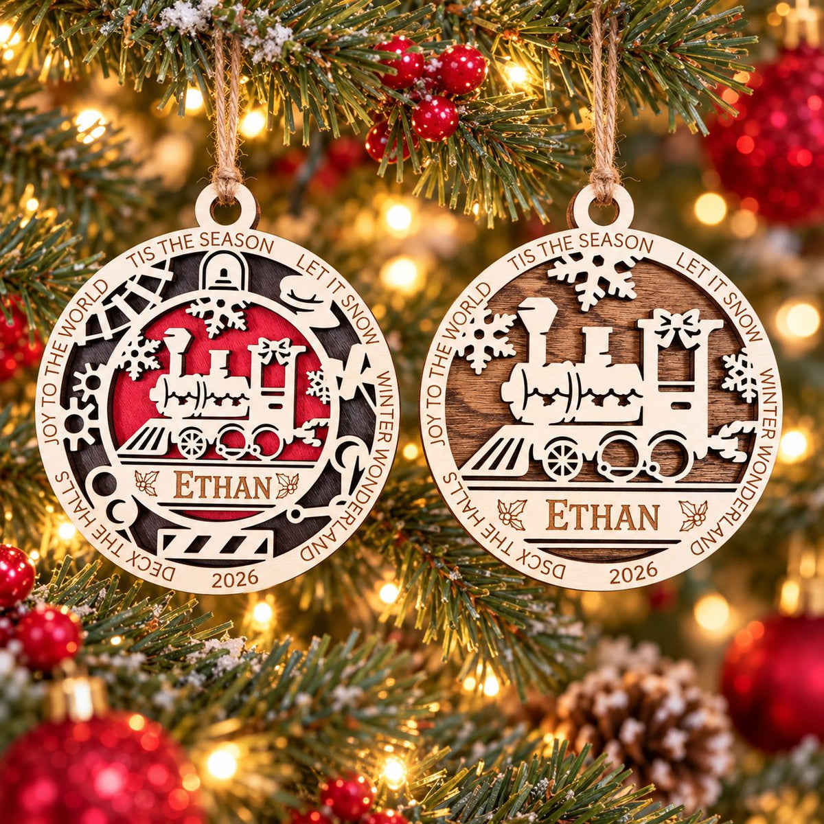 Christmas Train Name Ornament, painted and natural wood