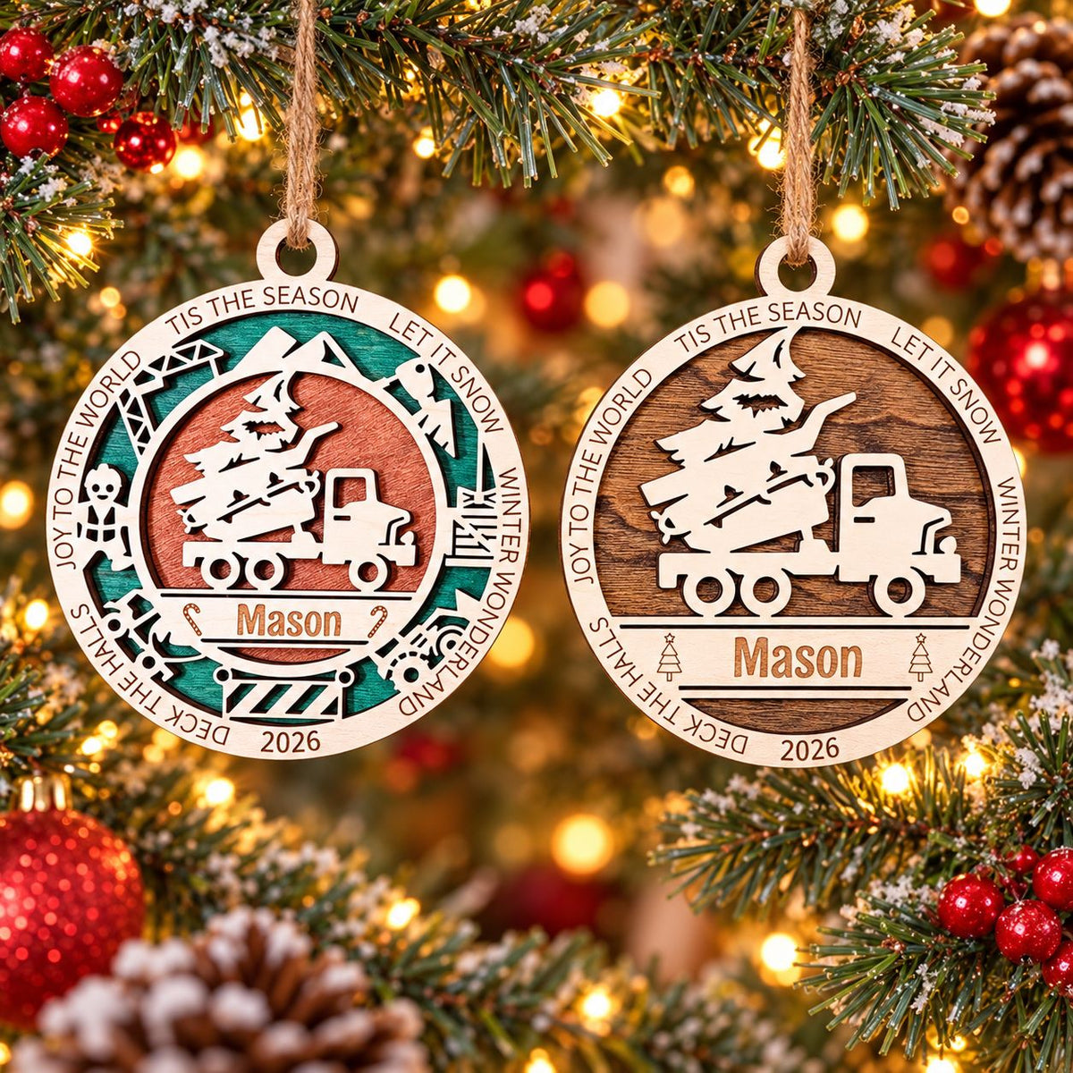 Christmas Tree Dump Truck Name Ornament, painted and natural wood