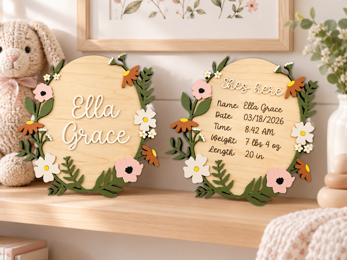 Floral name and birth stats plaque set