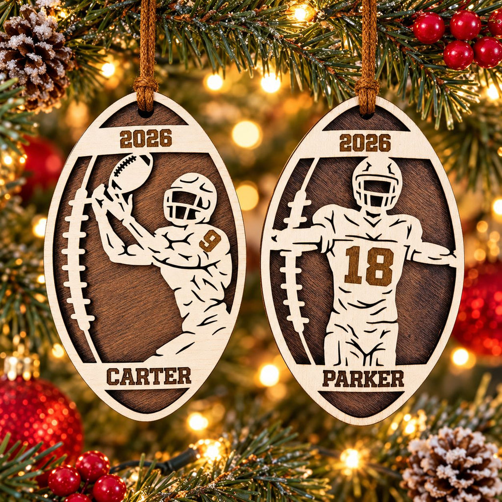 Football Player Oval Ornament, catching and arms out