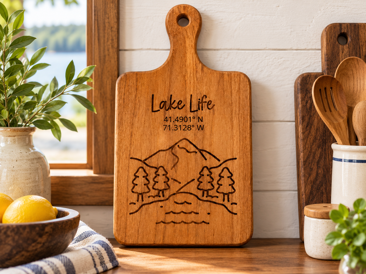 Lake Life coordinates cutting board