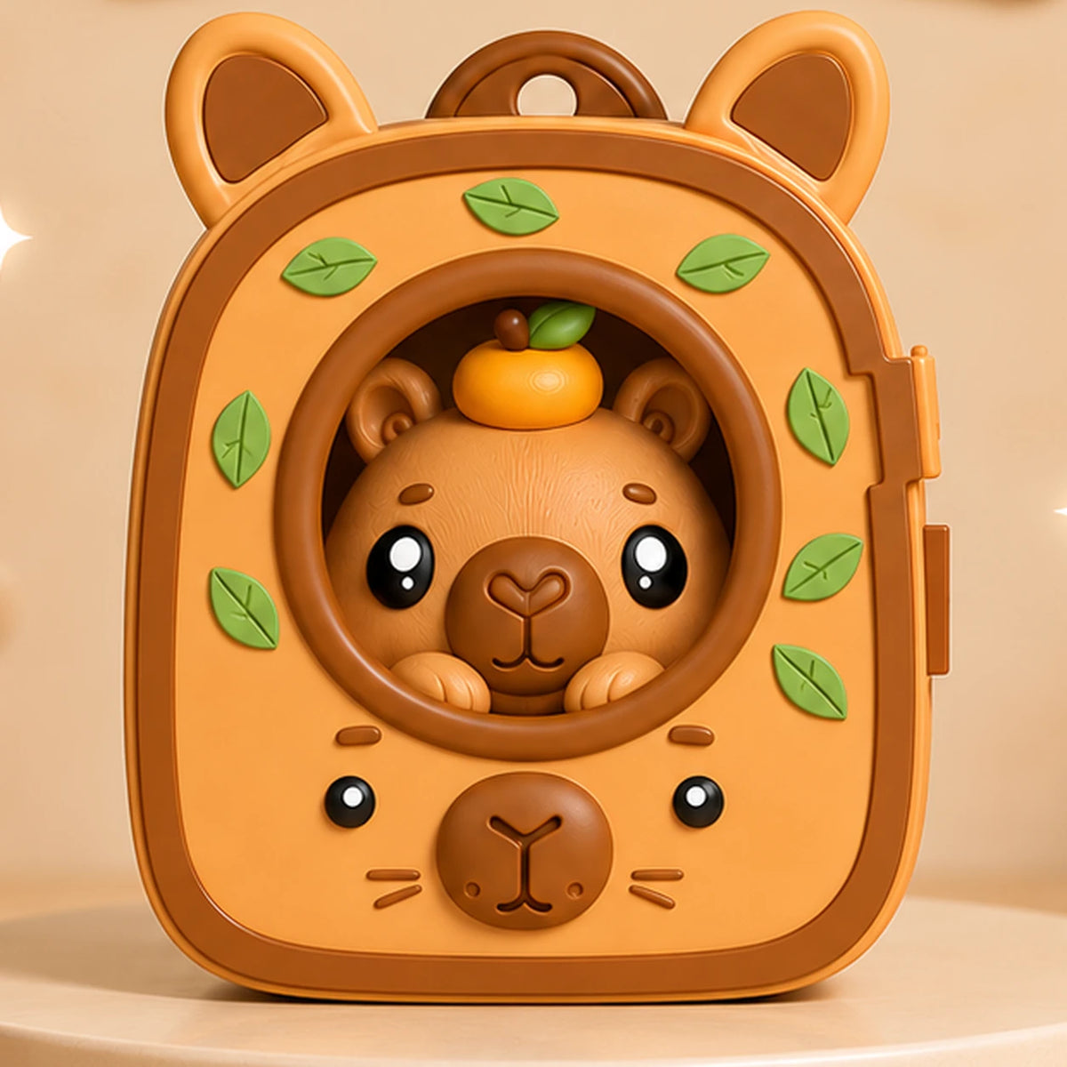 Capybara Pocket Pal case front with round window and leaves