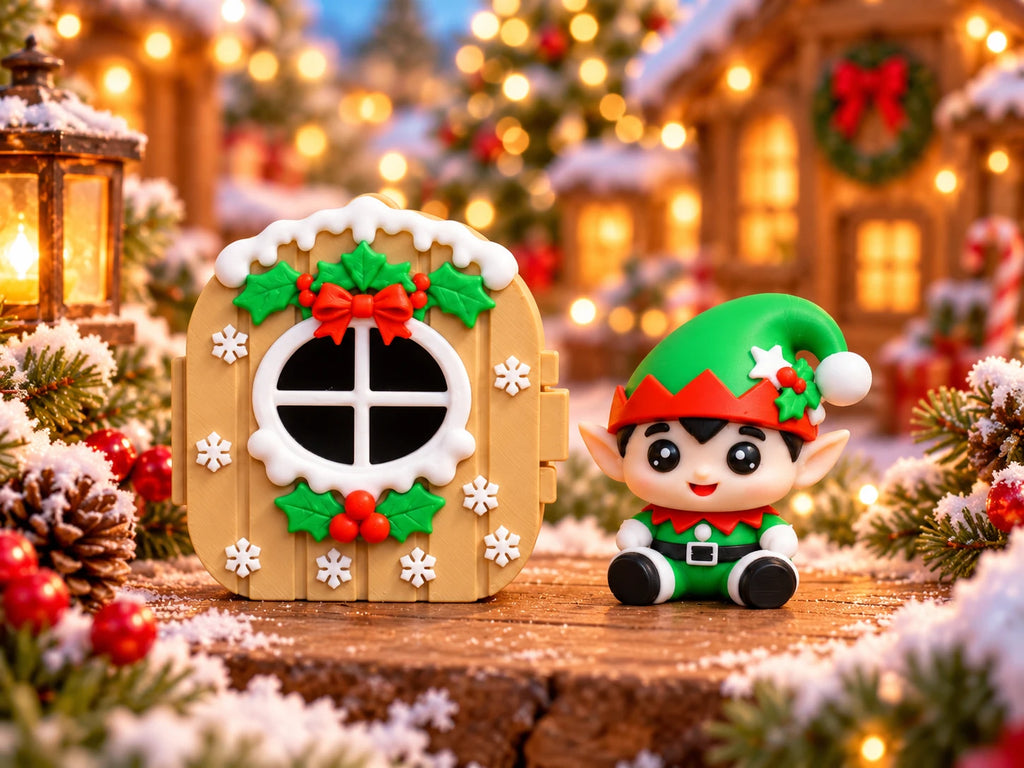 Elf Pocket Pal beside his holly cottage-door case