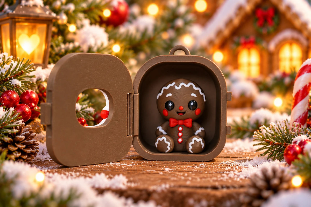 Gingerbread Pocket Pal sitting inside his open case