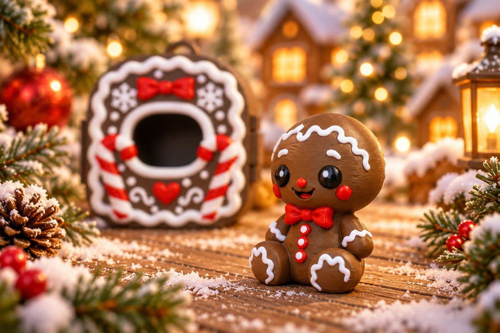 Gingerbread Pocket Pal beside his candy cane case