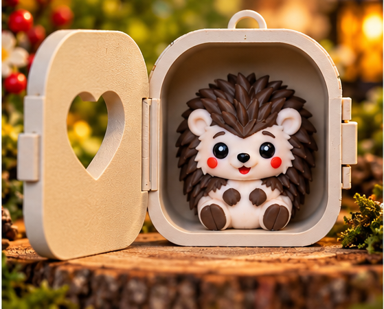 Hedgehog Pocket Pal sitting inside his open case