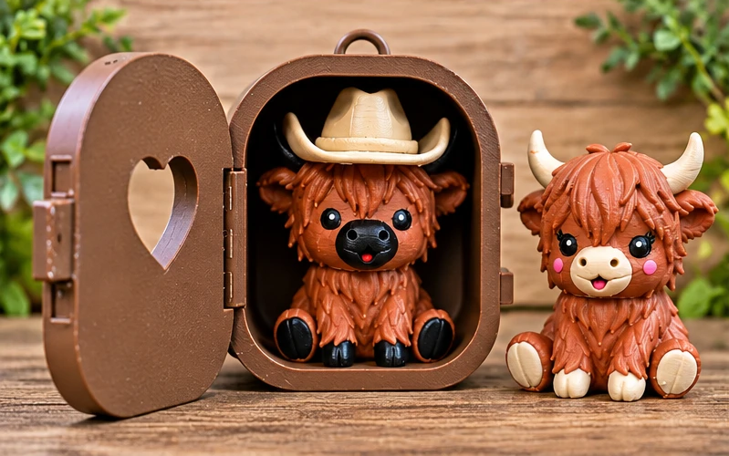 Cowboy Bull Pocket Pal in open case beside Highland Cow