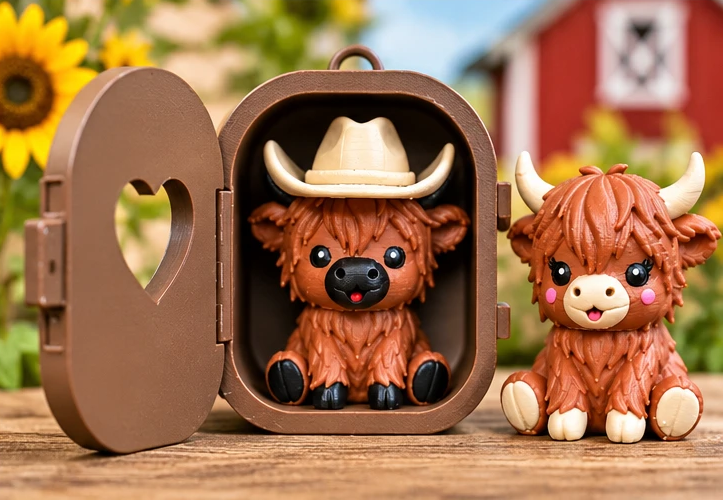 Highland Cow Pocket Pal open case beside cow