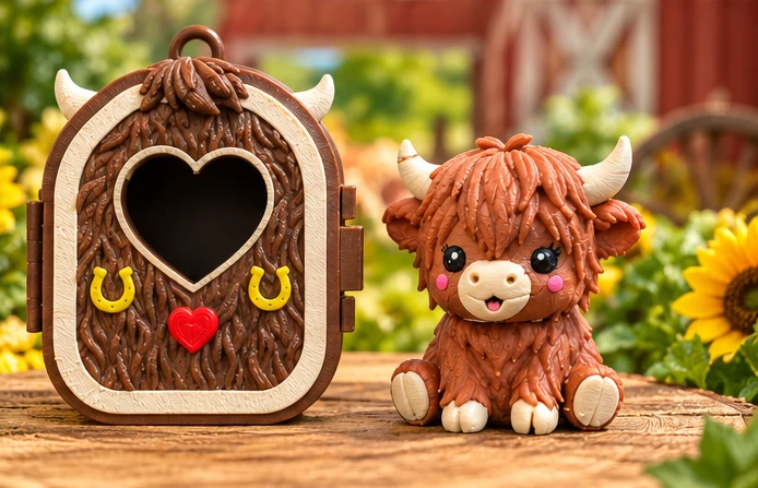 Highland Cow Pocket Pal with case on a farm