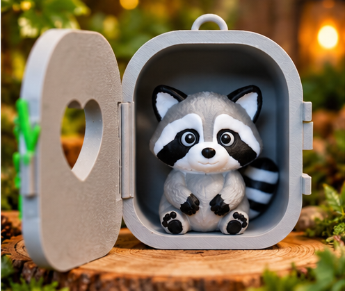 Raccoon Pocket Pal sitting inside his open case