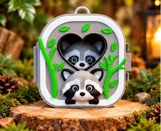Raccoon Pocket Pal case front with vines and heart window