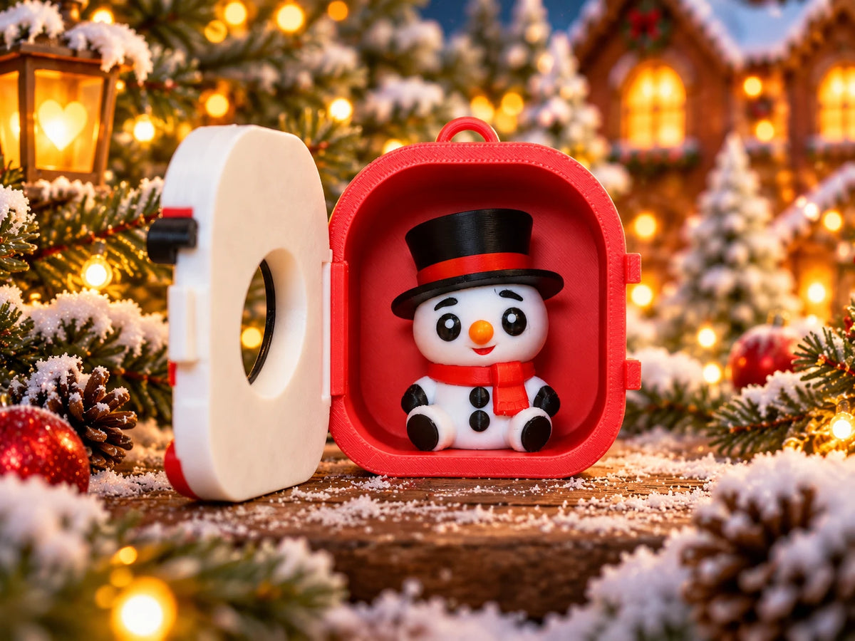 Snowman Pocket Pal sitting inside his open red case